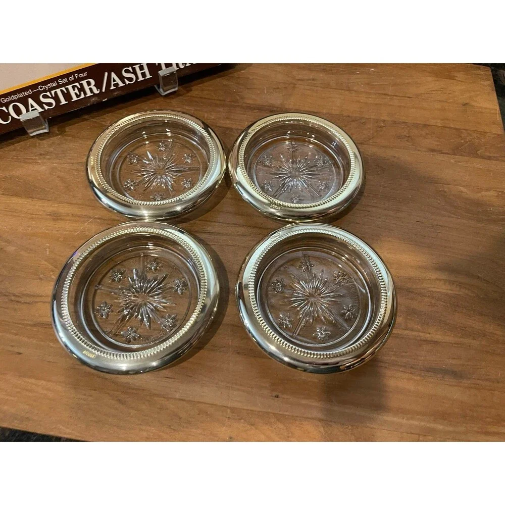 4 Sheridan Fine Gold Plated Crystal Coasters / Ash Trays
